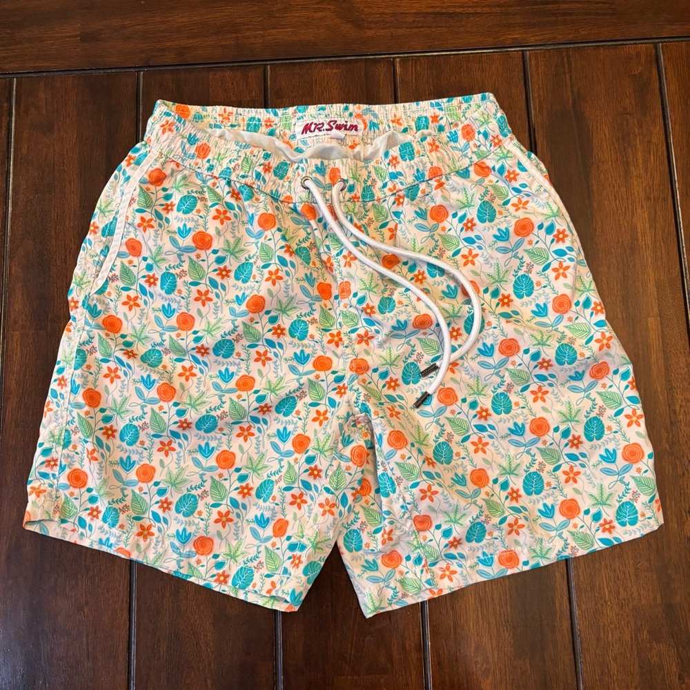 Mr.Swim Floral Print Men Swim Trunks - Orange and Blue Size M